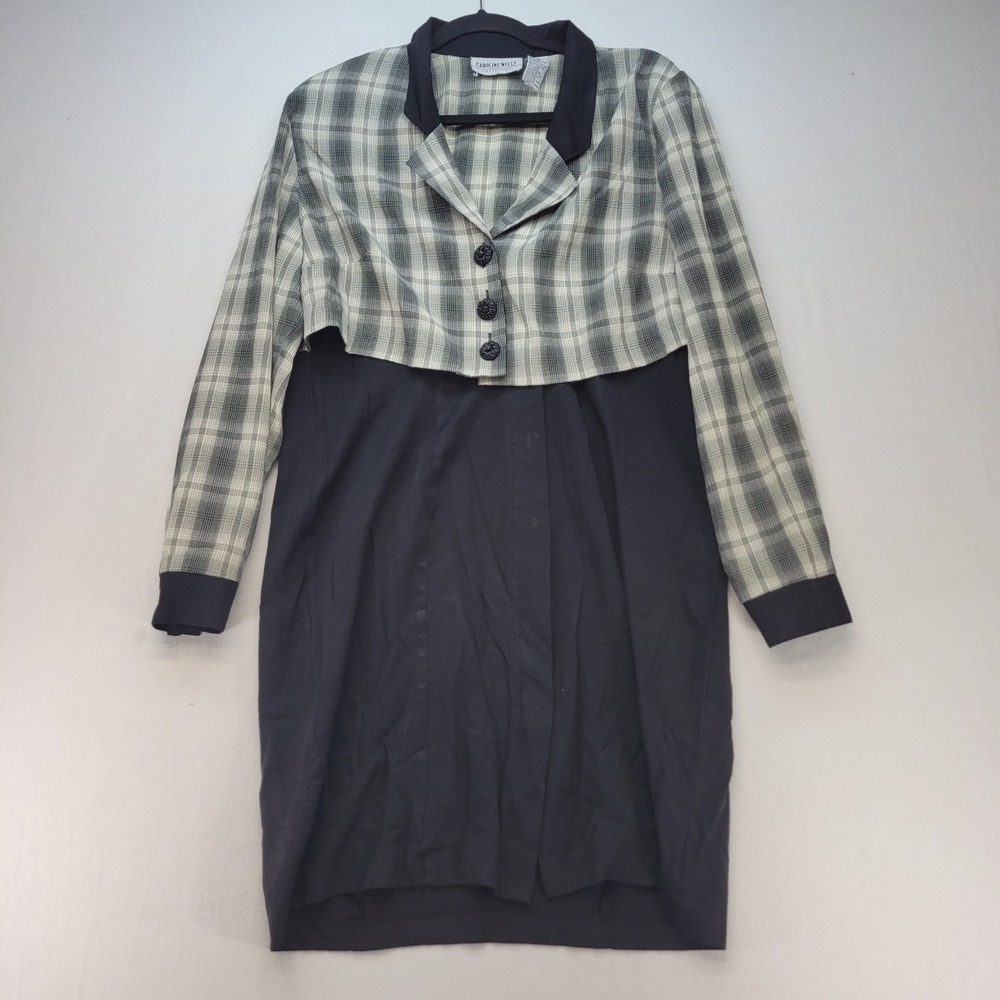 Caroline‎ Wells Plaid Layered VTG Dress Womens 12 Black Gray Professional Career